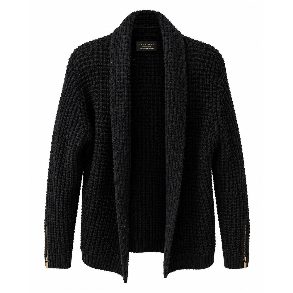 Zara Man Black Chunky Knit Shawl Cardigan | M | Zip Cuffs